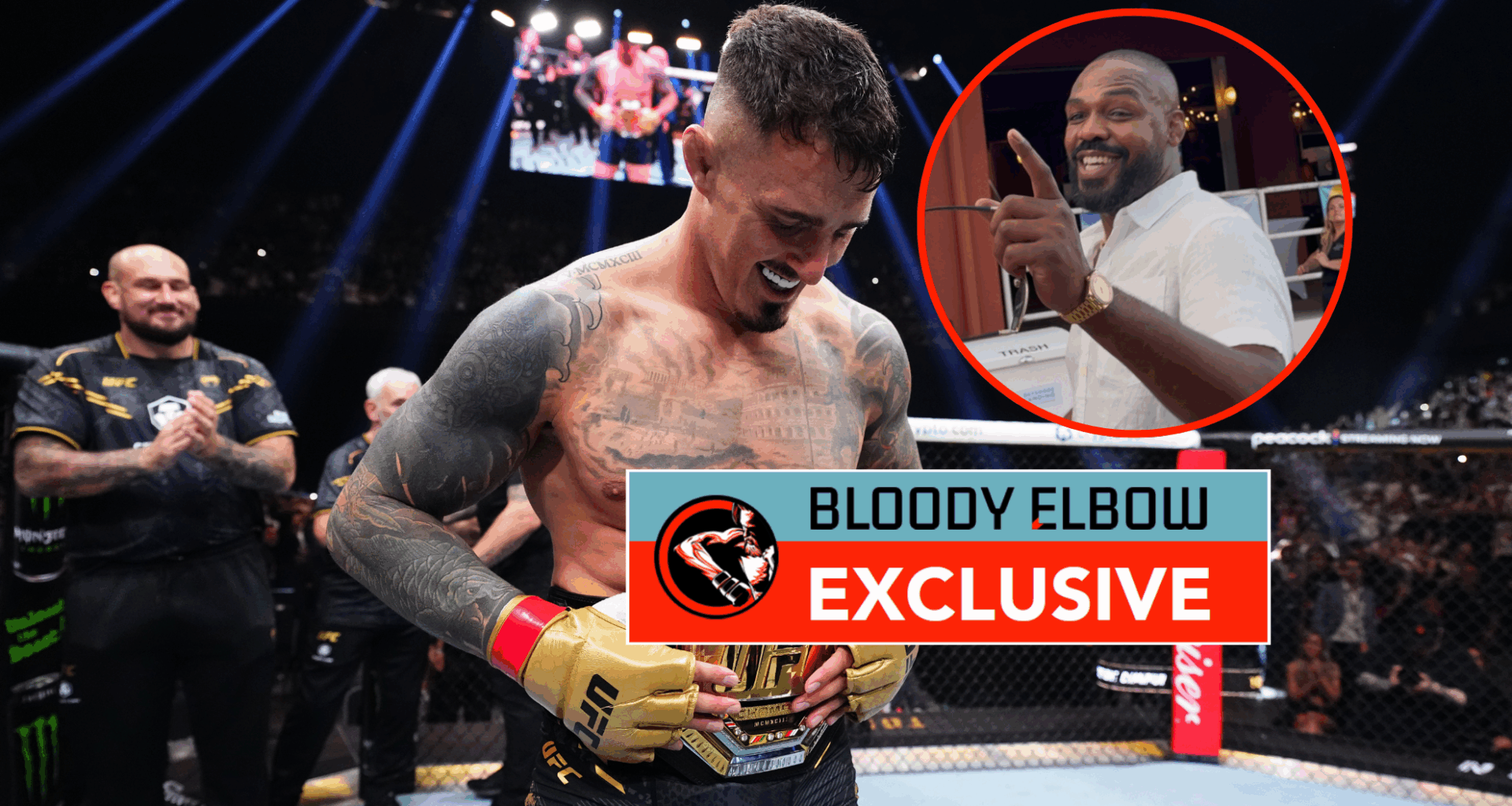 Main photo shows Tom Aspinall with the UFC belt. Bubble shows Jon Jones during an interview with Bloody Elbow. Overlay text reads: BLOODY ELBOW EXC...