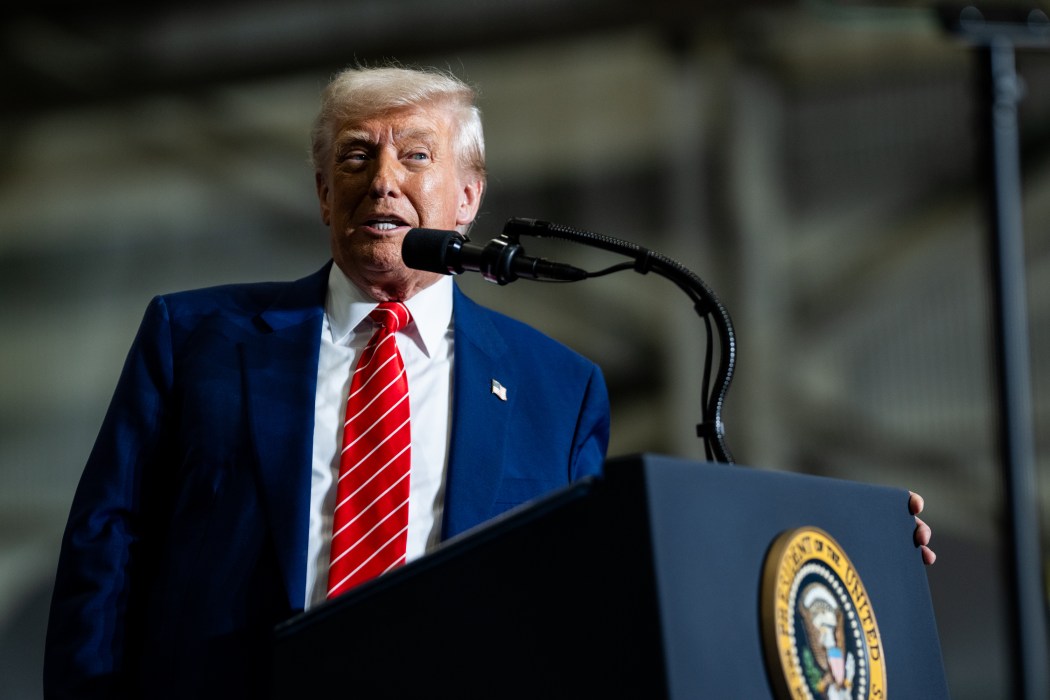 US President Donald Trump delivers remarks on a partnership deal with U.S. Steel and Nippon Steel at the U.S. Steel Corporation-Irvin Works in West Mifflin, Pennsylvania, on May 30, 2025.