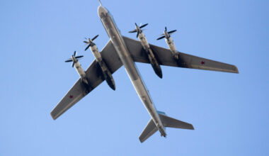 Russian turboprop strategic bomber Tu-95 Bear at the air show (bottom view).