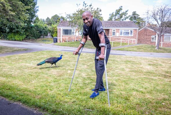 Tutbury resident with crutches next to a peacock