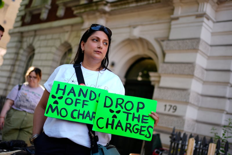 A supporter of Kneecap's Liam Óg Ó hAnnaidh outside Westminster Magistrates' Court in London on Wednesday. Photograph: Jordan Pettitt/PA