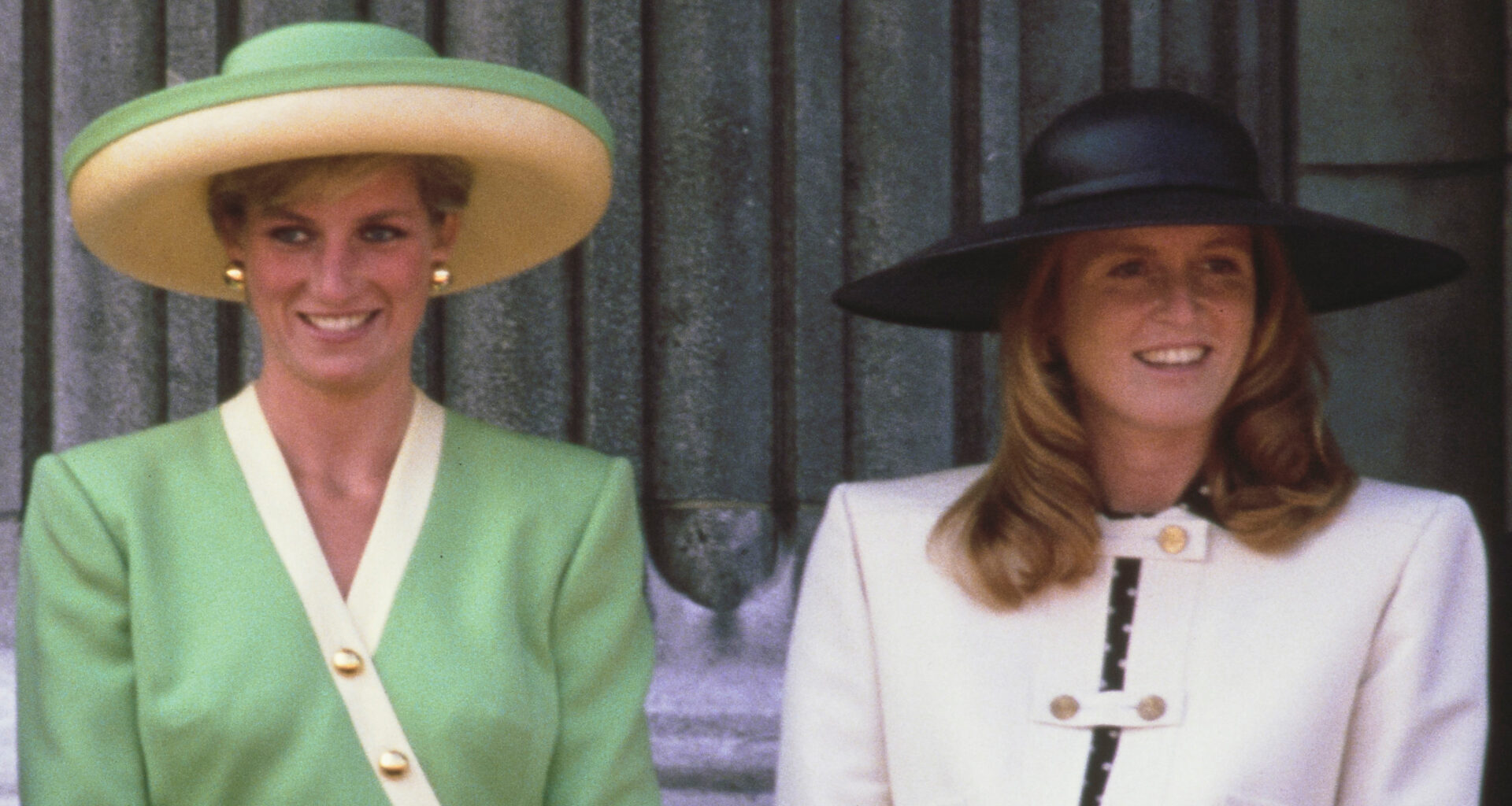 Princess Diana wears a green outfit while Sarah Ferguson wears a black dress with a white jacket and white hat at Trooping the Colour 1990