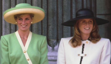 Princess Diana wears a green outfit while Sarah Ferguson wears a black dress with a white jacket and white hat at Trooping the Colour 1990