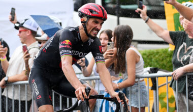 KUSNACHT, SWITZERLAND - JUNE 15: Julian Alaphilippe of France and Team Tudor Pro Cycling crosses the finish line during the 88th Tour de Suisse, Stage 1 a 129.4km at stage from Kusnacht to Kusnacht / #UCIWT / on June 15, 2025 in Kusnacht, Switzerland. (Photo by Tim de Waele/Getty Images)