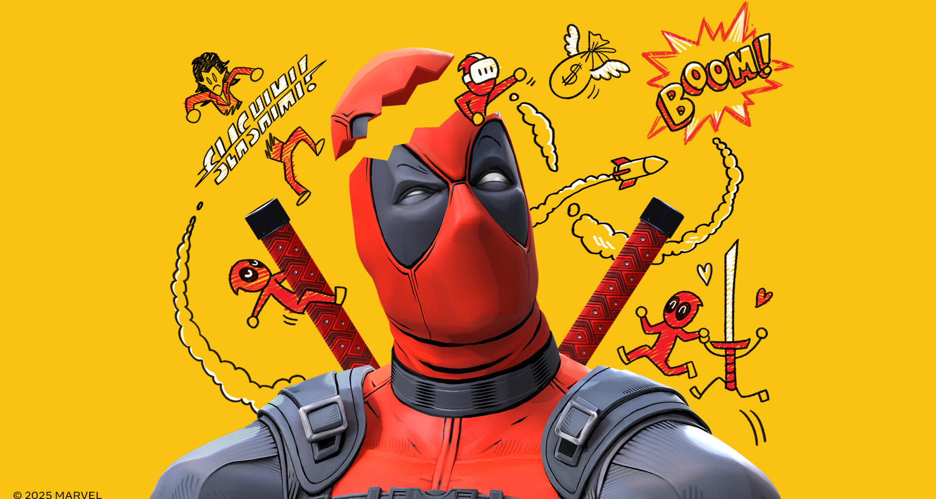 Deadpool with his head split open as drawings circle around him