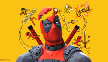 Deadpool with his head split open as drawings circle around him