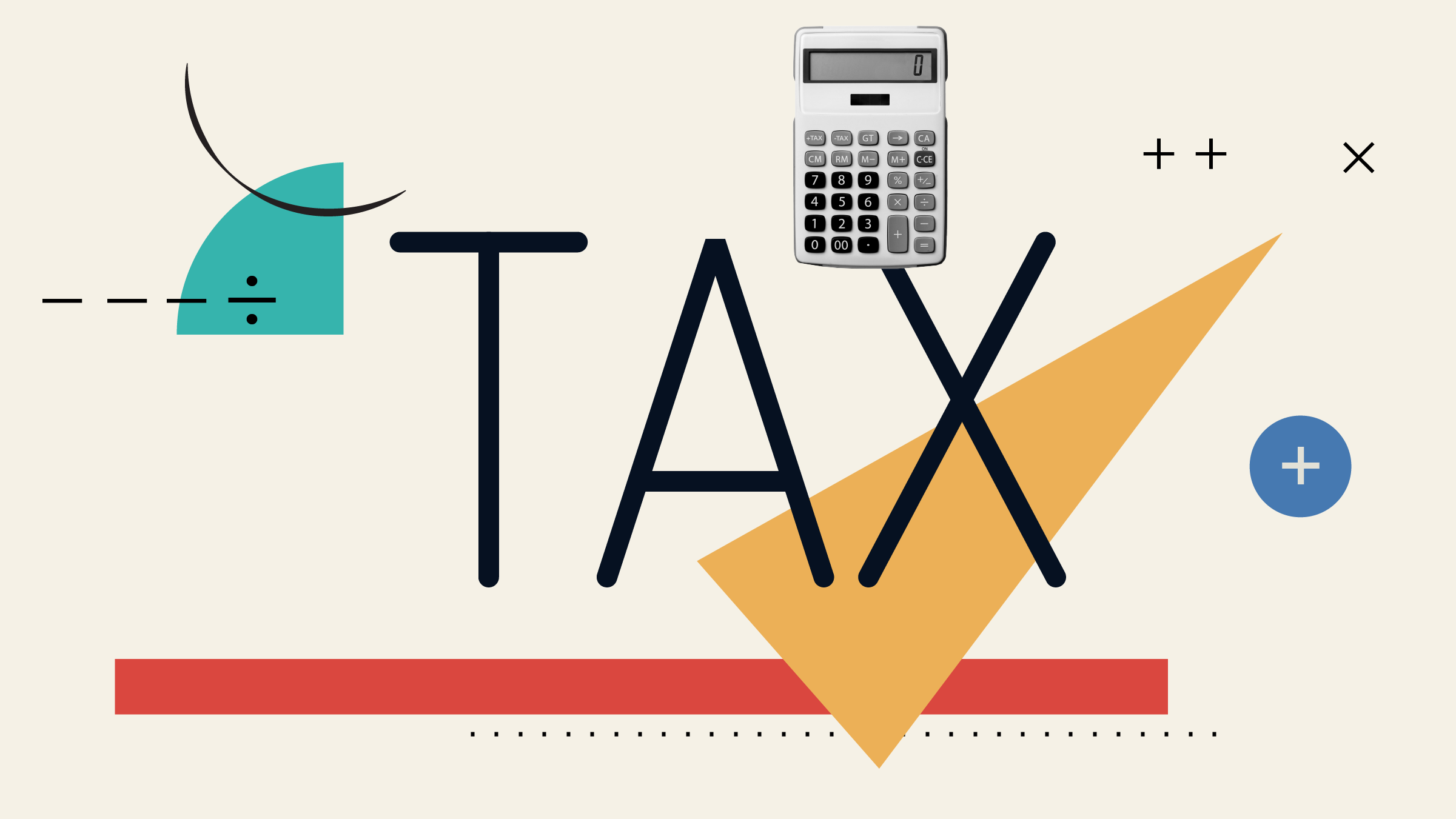 Collage illustration of the word "Tax" with a calculator and geometric shapes in the background.