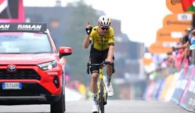 Wout van Aert crosses the line on stage 20 of the Giro d'Italia