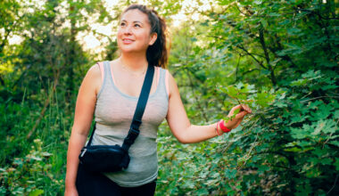 Woman walking in forest