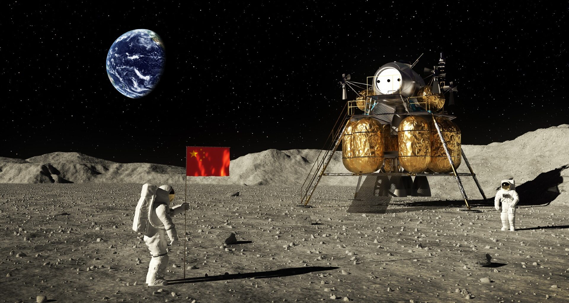 astronauts on the moon planting a Chinese flag
