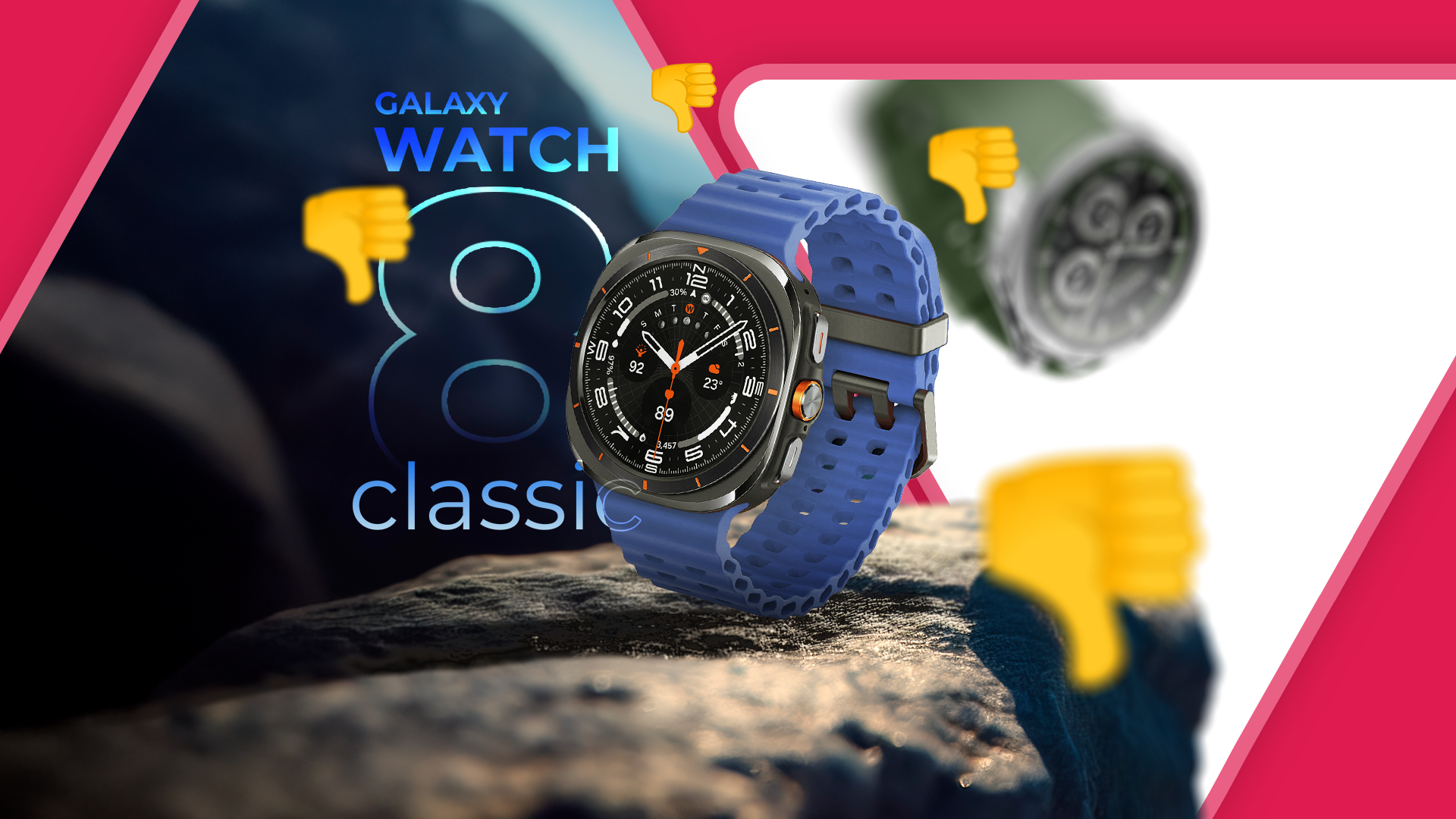 A Galaxy Watch 8 Classic on a rock with several thumbs-down icons around it.-1