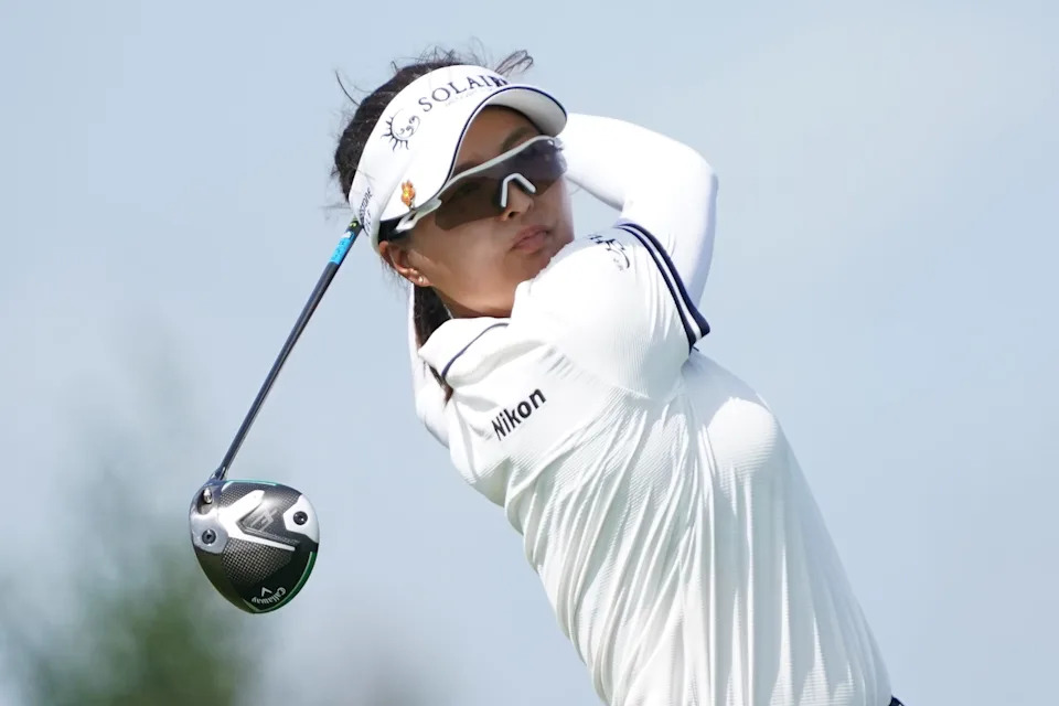 Jun 20, 2025; Frisco, Texas, USA; Jin Young Ko plays her shot from the sixth tee during the second round of the KPMG Women's PGA Championship. Mandatory Credit: Raymond Carlin III-Imagn Images