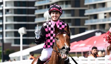 Angela Jones was all smiles as she returned to the winner’s stall on Amuseantes after reaching the 100-win milestone at Eagle Farm on Saturday. Picture: Trackside Photography