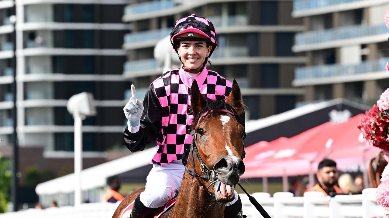Angela Jones was all smiles as she returned to the winner’s stall on Amuseantes after reaching the 100-win milestone at Eagle Farm on Saturday. Picture: Trackside Photography