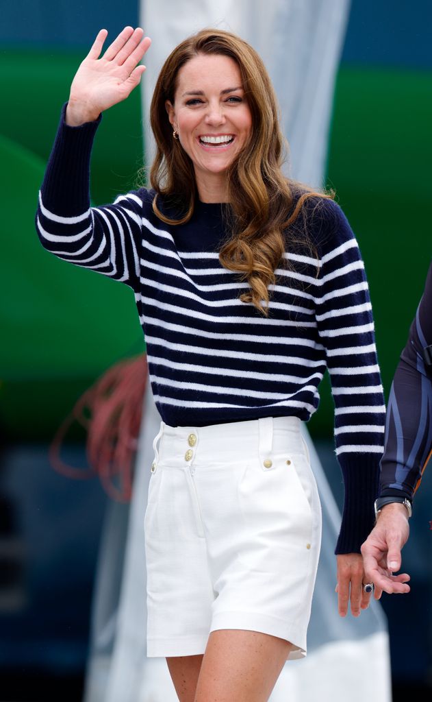 Kate Middleton, the Princess of Wales is seen wearing white shorts and a Breton-striped top