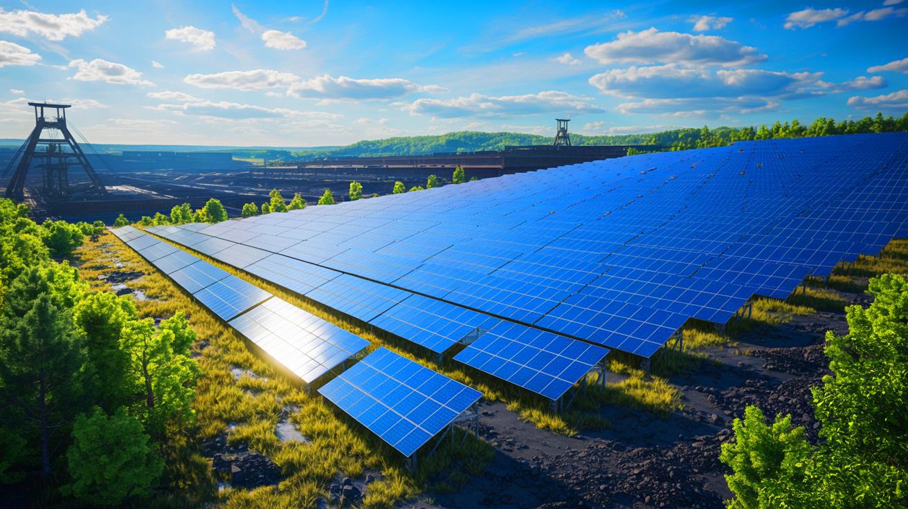 Illustration of abandoned coal mines being transformed into solar energy farms. Image generated by AI.