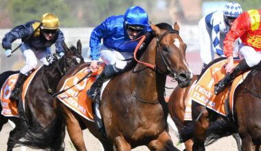 Golden Mile winning the Caulfield Guineas in 2022. Picture: Racing Photos via Getty Images