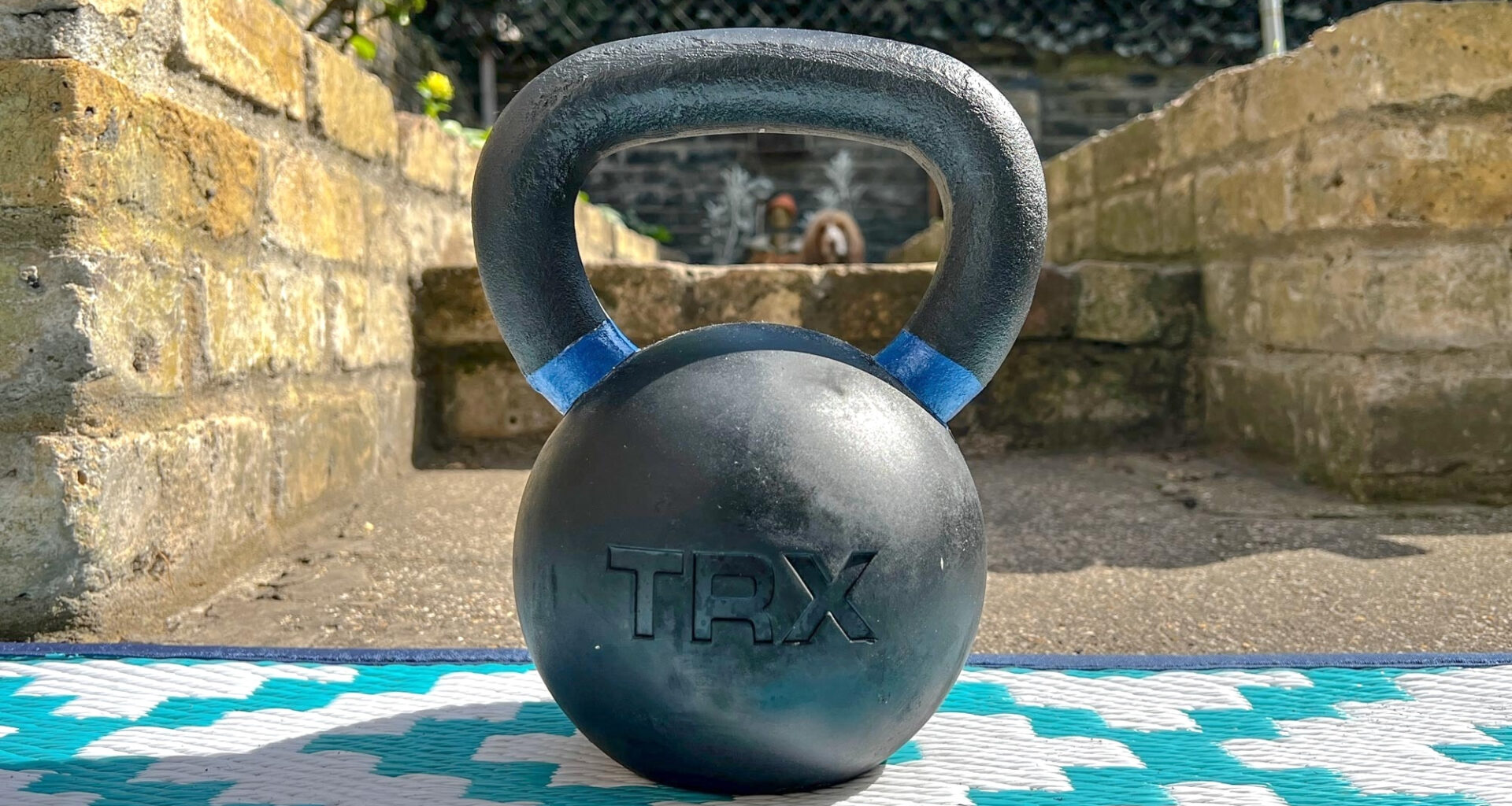 TRX Kettlebell outside in the sunshine, with a dog visible through the handle
