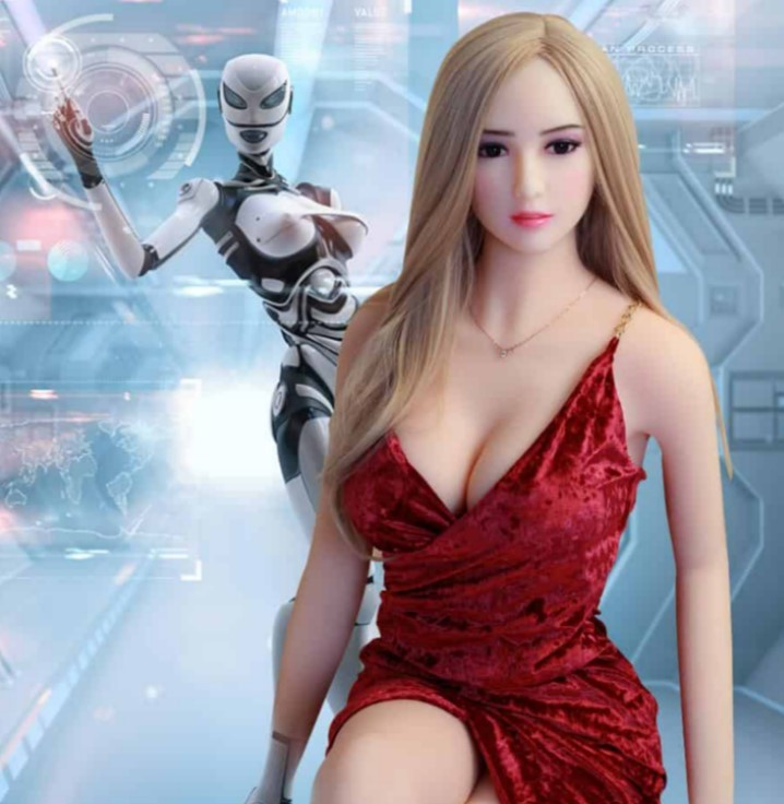 AI girlfriend in a red dress with a robot in the background.