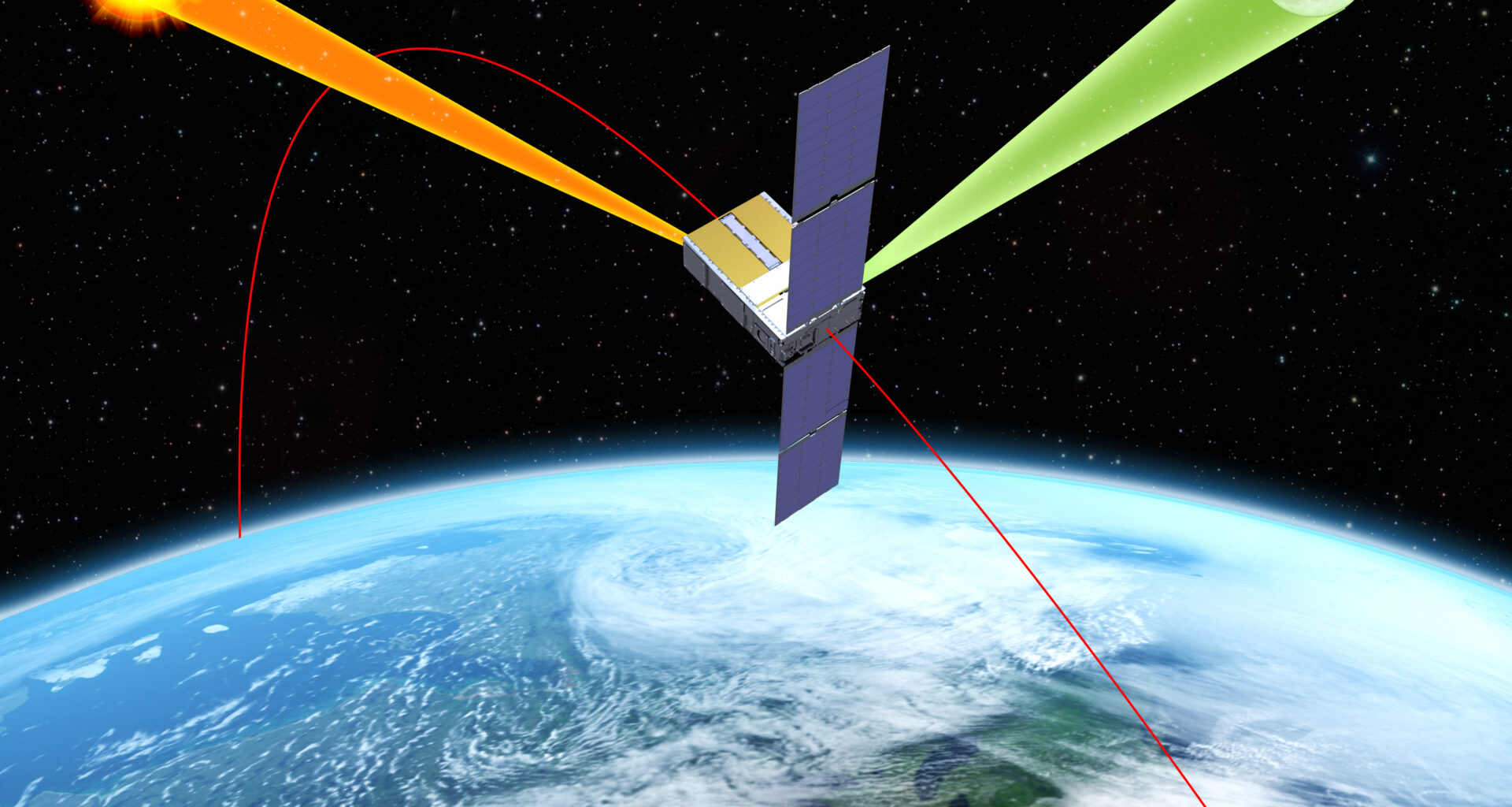 An artist's rendering of NASA's Arcstone instrument on-orbit gathering measurements of lunar reflectance.