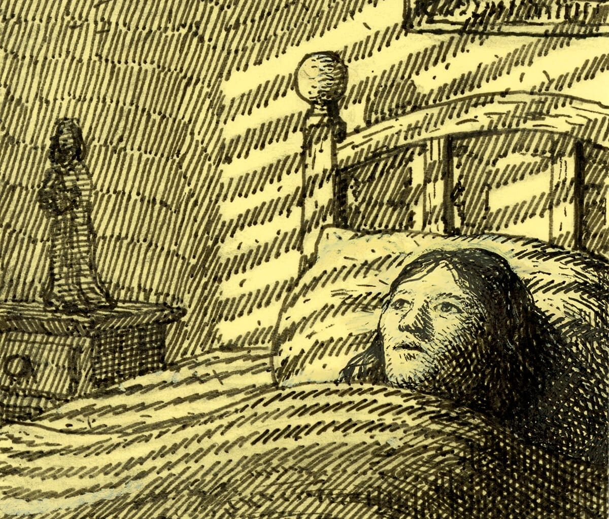 a drawing of a child lying in bed awake on a yellow post it note