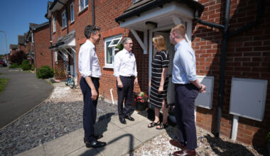 Prime Minister Sir Keir Starmer and Energy Security Ed Miliband chat to Nicola Saint  in Rocester, Staffordshire