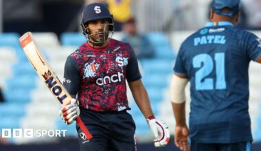 Ravi Bopara celebrates scoring 50 for Northamptonshire Steelbacks in their victory over Derbyshire Falcons