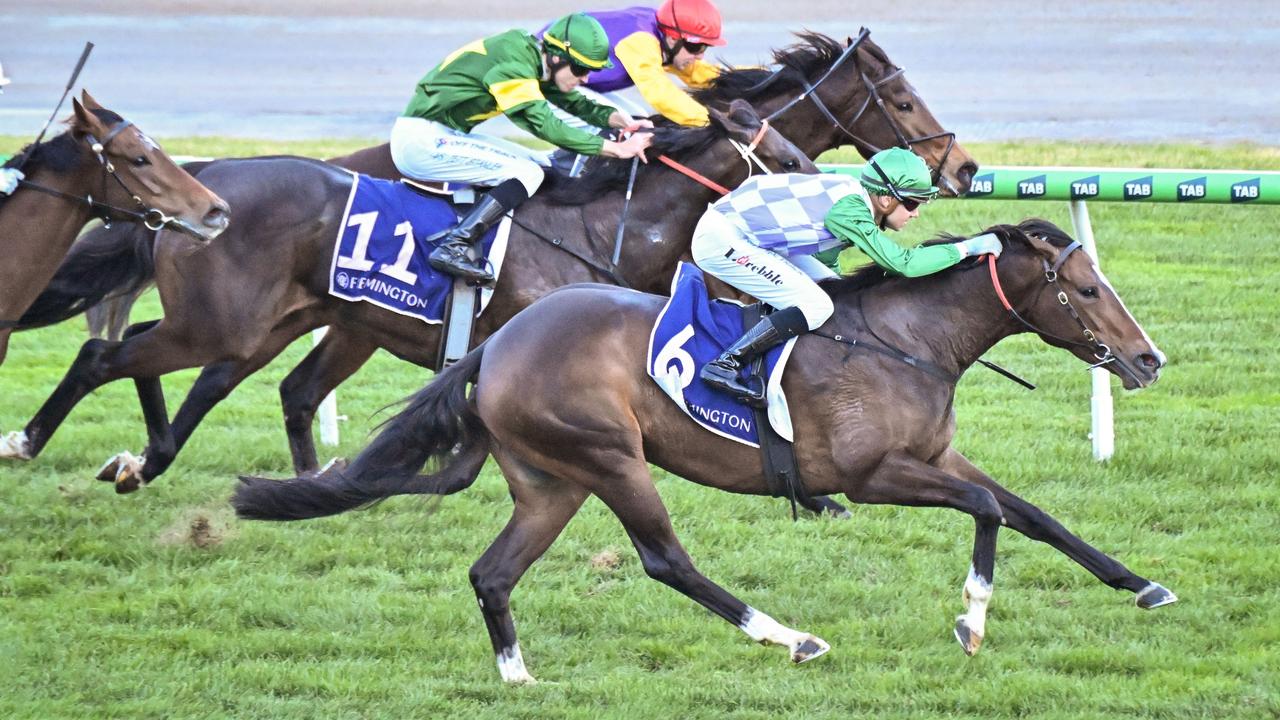 Splash Back, ridden by Tom Prebble, wins the Brian Beattie Handicap at Flemington. Picture: Reg Ryan / Racing Photos
