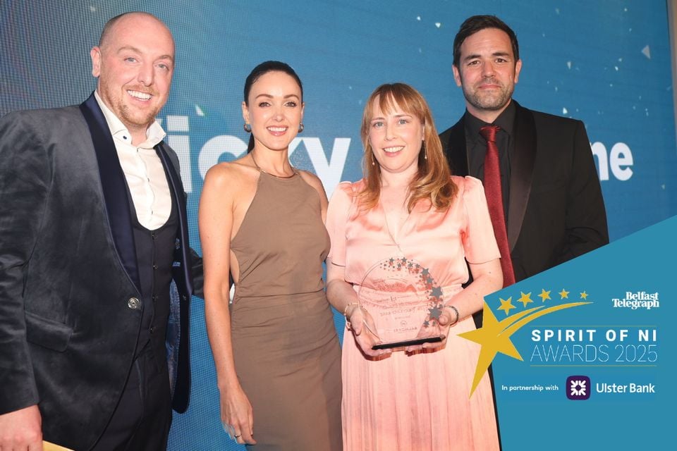 Dr Vicky Cochrane was presented with her award by acting pair Aaron McCusker and Karen Hassan as well as Kieran McCormick, Managing Director of sponsor Balmoral Healthcare
