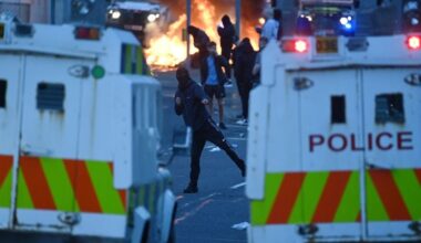 June 10, 2025: Protesters throw projectiles during unrest in Ballymena, Co Antrim in Northern Ireland.