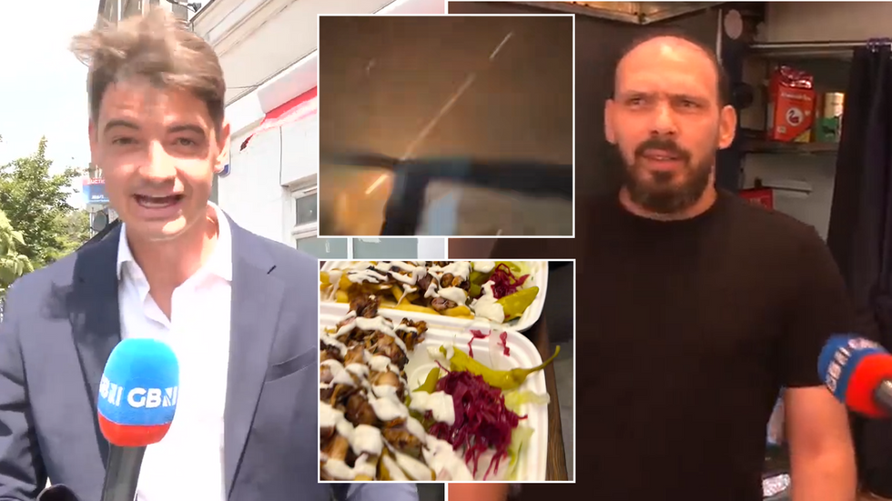 Ben Leo with images from the controversial TikTok video and a man working behind the Lebanese Grill till