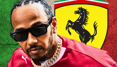 Lewis Hamilton alongside a Ferrari logo and a cracked Italian flag