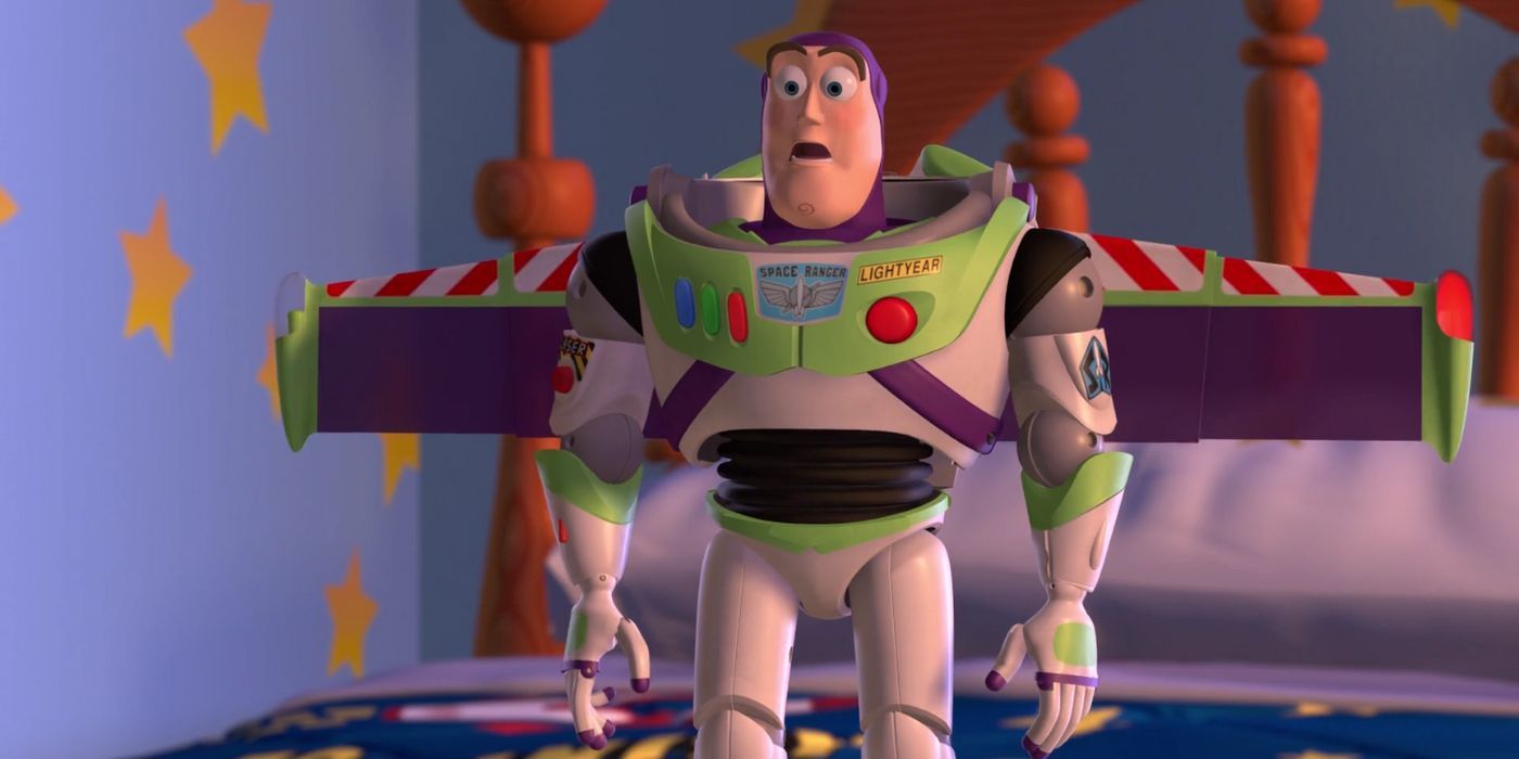 Buzz Lightyear's wings flap upward as Jessie does a stunt in Toy Story 2.