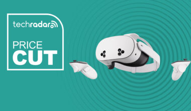 Meta Quest 3S on cyan background with TechRadar price cut sign