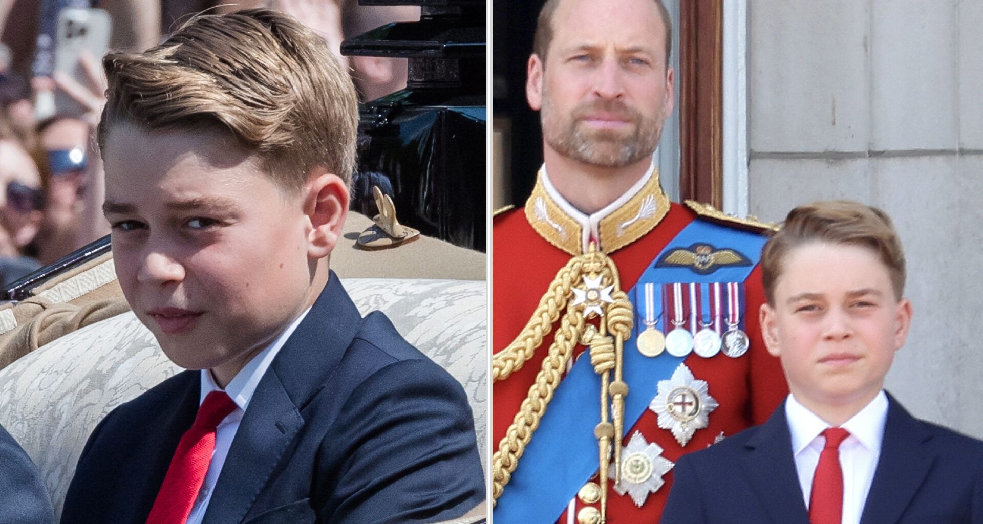 Prince George at Trooping the Colour 2025 wearing a navy suit with a white shirt and a red tie, and joining the Royal Family on the Buckingham Palace balcony