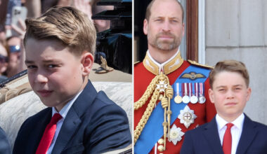 Prince George at Trooping the Colour 2025 wearing a navy suit with a white shirt and a red tie, and joining the Royal Family on the Buckingham Palace balcony
