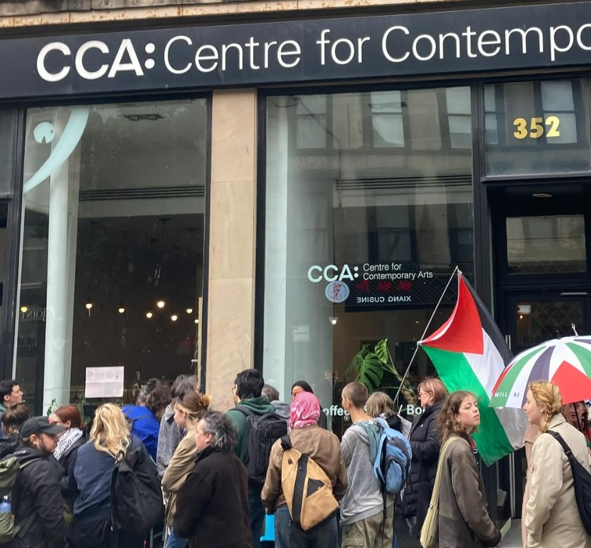 Protesters outside the Centre for Contemporary Arts.