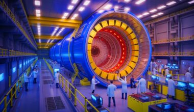 Illustration of the High-Luminosity Large Hadron Collider test facility with superconducting magnets. Image generated by AI.