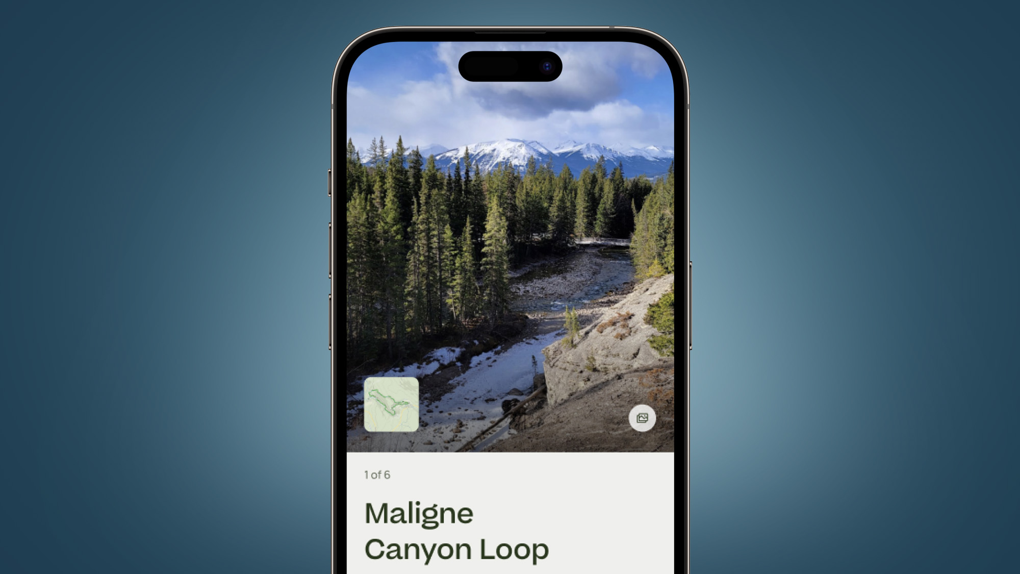 A phone on a blue background showing the AllTrails app