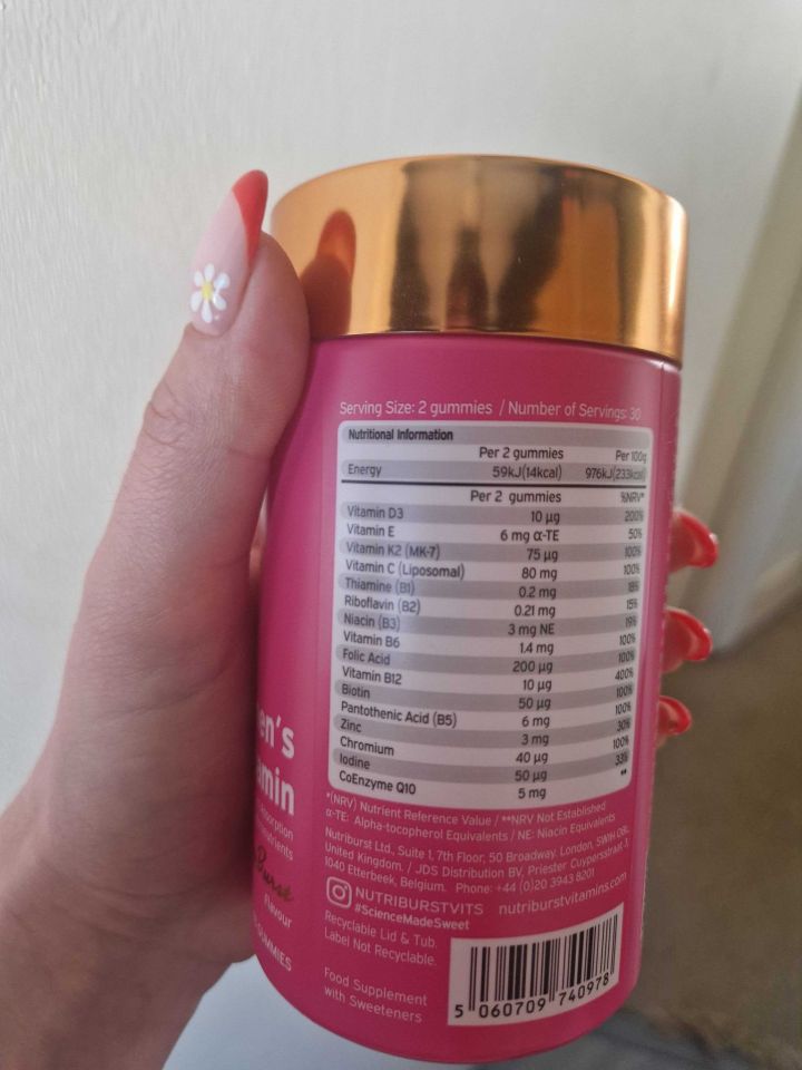 Nutritional information for vitamin gummies.
