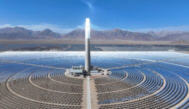 Aerial view of the CGN Delingha Solar Thermal Plant - Molten Salt Thermal Energy Storage System, a 50 megawatt energy storage project in Haixi Mongolian and Tibetan Autonomous Prefecture, Qinghai Province of China