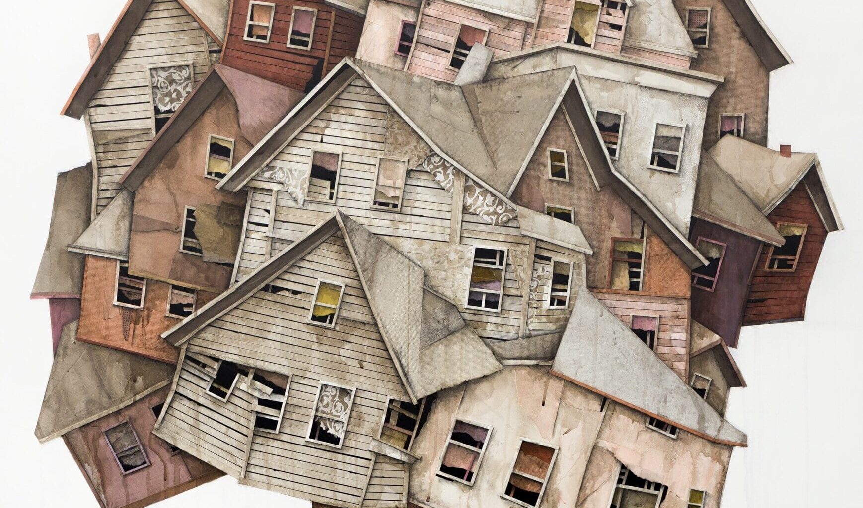 a watercolor drawing of a jumble of houses with two legs
