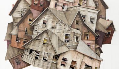 a watercolor drawing of a jumble of houses with two legs