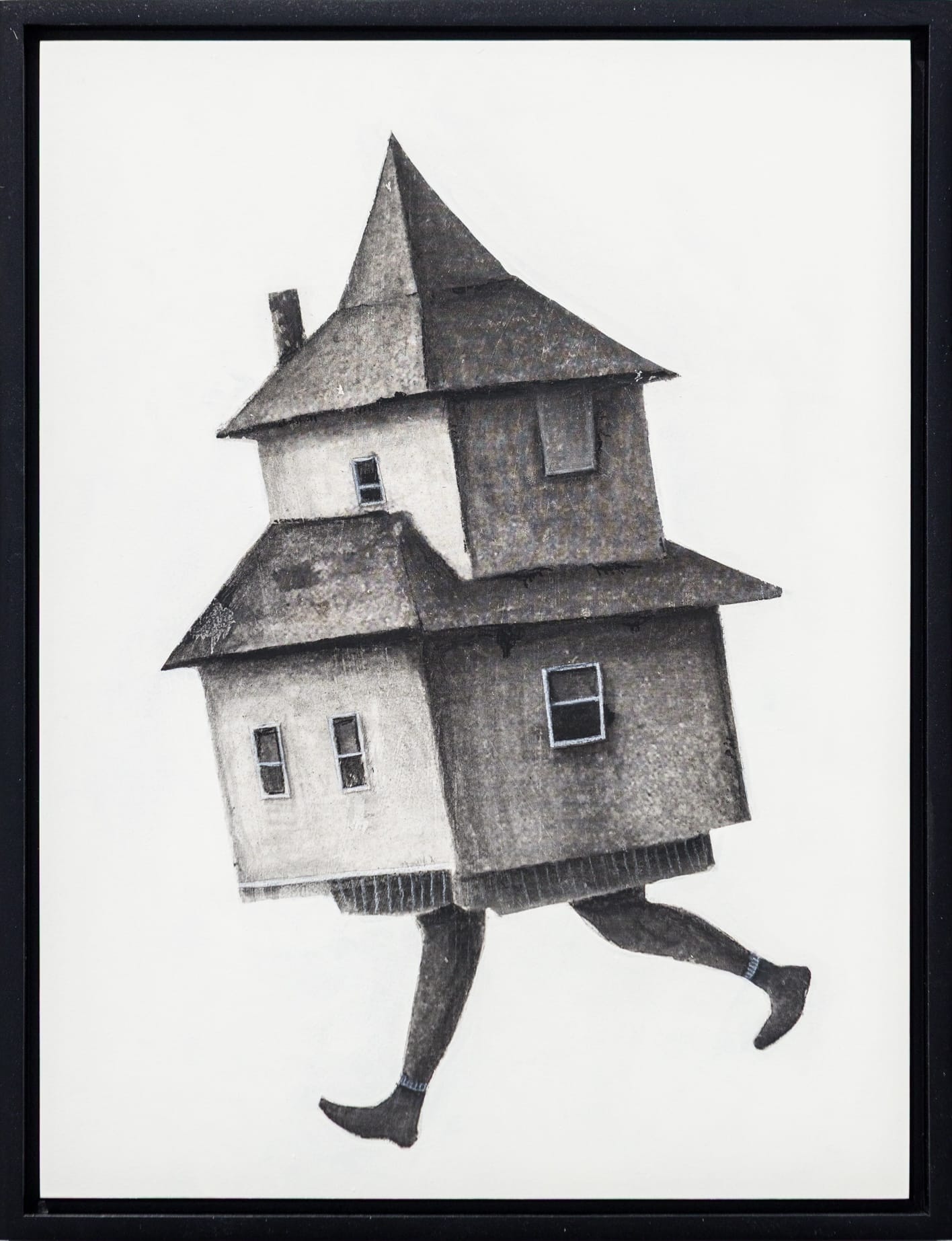 a black-and-white rendering of a tall house with two legs