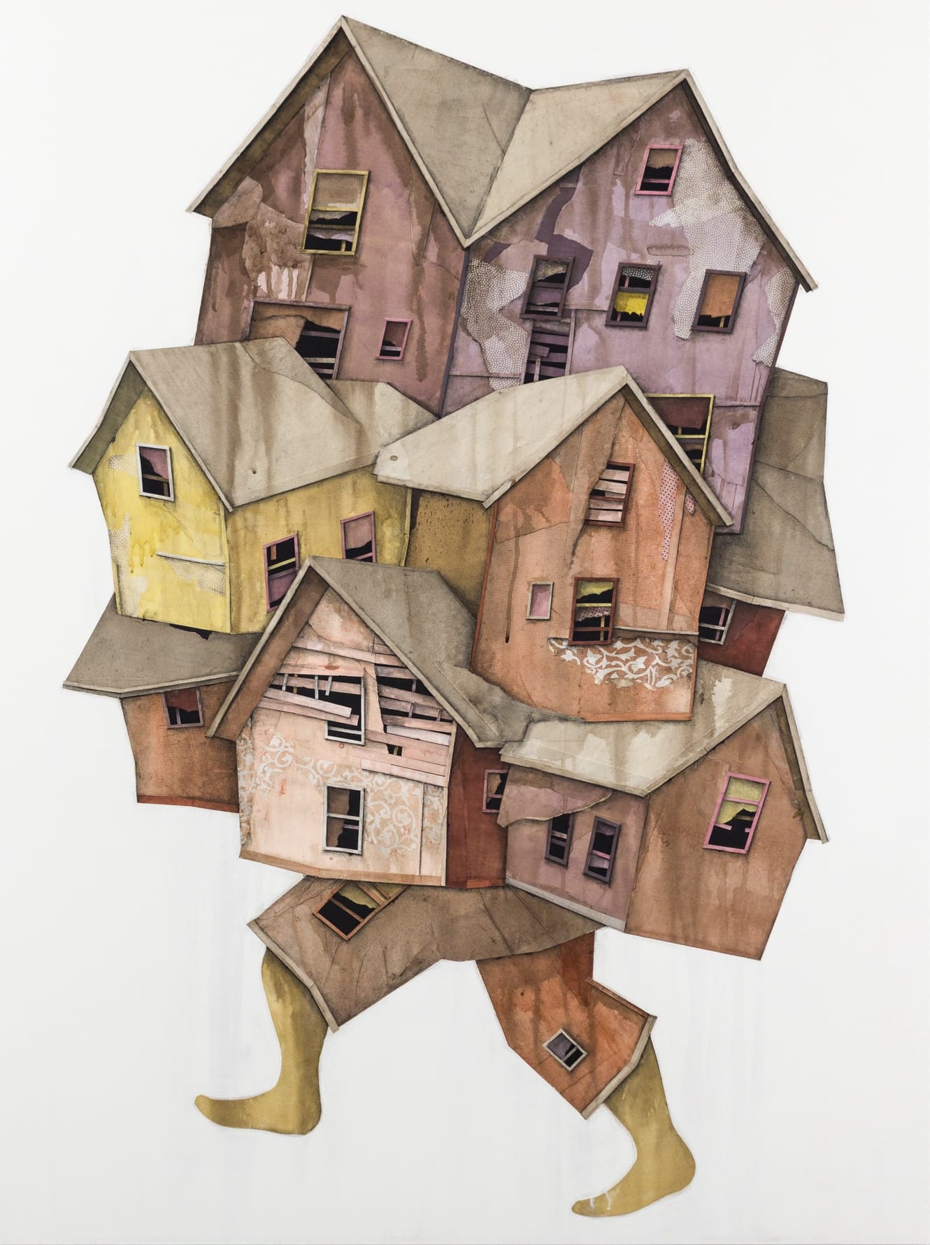 a watercolor drawing of a jumble of houses with two legs