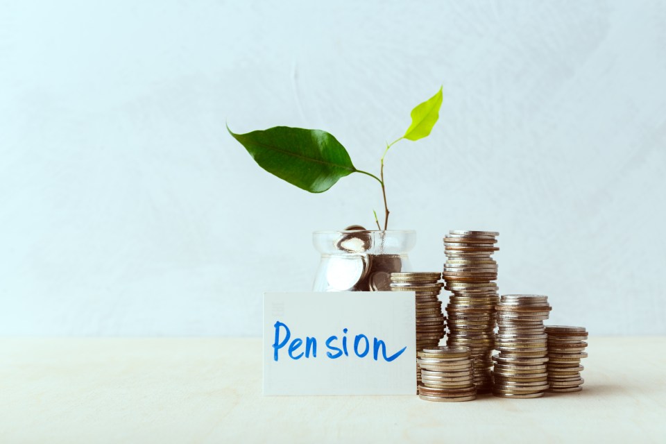 Coins stacked in increasing size next to a glass jar of coins and a plant; a note reads "Pension".