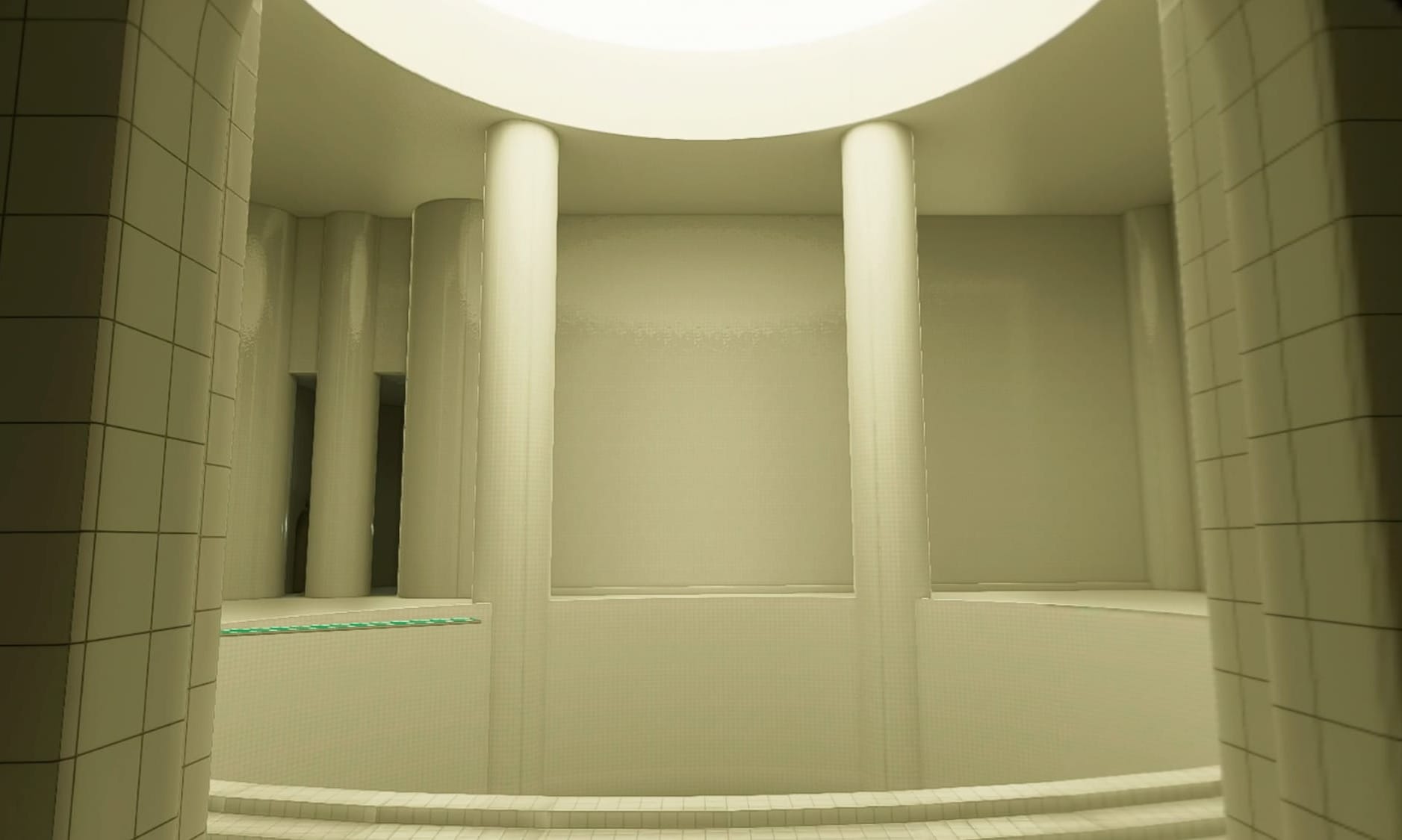 A liminal room that's all-white and clean looking, with one diving board in the middle