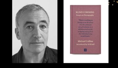 Two panels. On left is black and white portrait of a man with short cropped hair. On right is cover of a book, 'Blind Corners' which is salmon coloured.