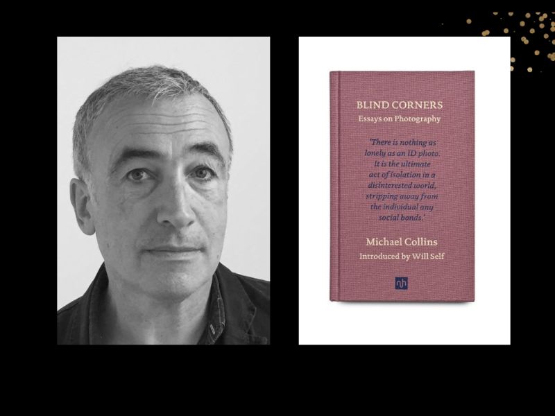 Two panels. On left is black and white portrait of a man with short cropped hair. On right is cover of a book, 'Blind Corners' which is salmon coloured.