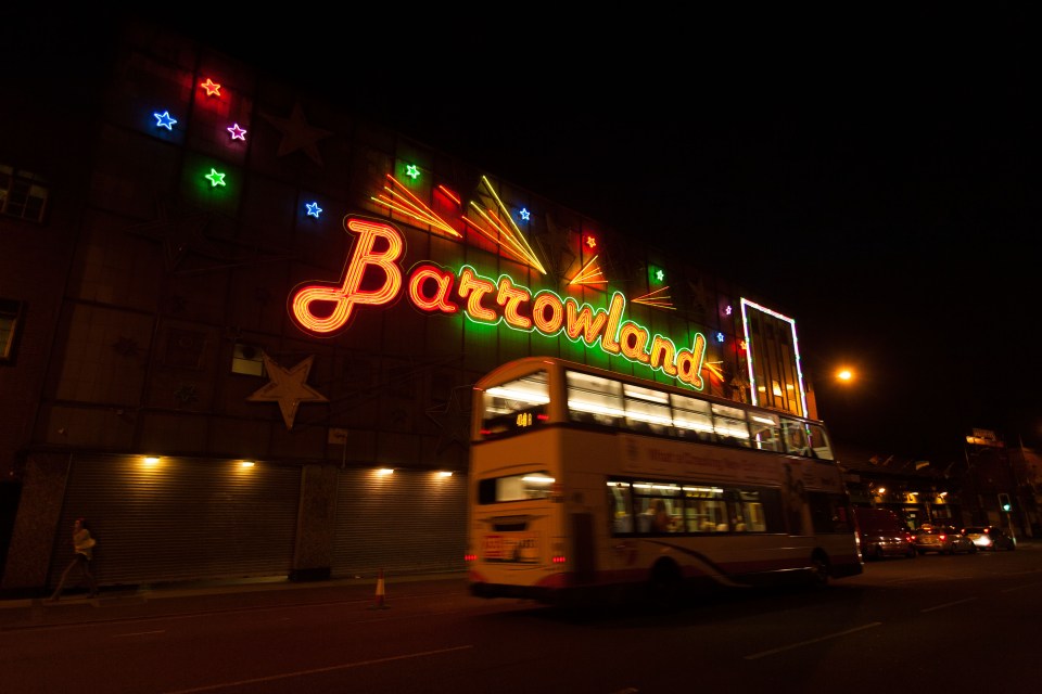 Barrowland music venue sign at night.